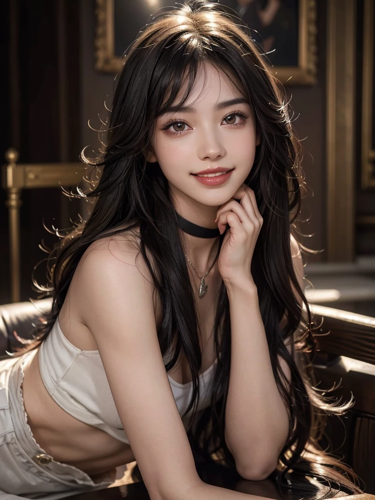 1girl, alone, solitary, high quality, (best quality,4k,8k,highres,masterpiece:1.2),ultra-detailed,(realistic,photorealistic,photo-realistic:1.37),gorgeous hair,black hair,long straight hair with bangs,sharp eyes,mole under the eye,plump lips,jewelry,(high detailed skin:1.4),(rim lighting:1.3),(lit:1.3),(sunny day:1.3),portrait,beautiful lips,waist-length hair,seductive gaze,moles,casual clothes,colorful clothing,close up,super long hair,choker necklace,tattoos,tattooed,light eyes,bangs,fringe,20 year old,dimples on the cheeks,dimples,black hair,darkblackhair,dark jet black hair,black,dark hair,beautiful smile,perfect teeth,straight teeth,perfect sized teeth,dazzling smile,red lips,red lipstick