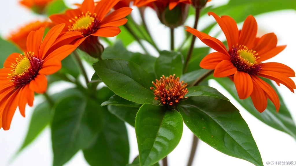 Create an image of a single, vibrant red flower with dewdrops on its petals, centered in the composition. The flower has multiple layers of petals with a detailed, orange-white center consisting of small, rounded florets. Surrounding the flower are numerous green leaves with a soft-focus background that enhances the flower's prominence and gives a serene, lush appearance to the scene.
