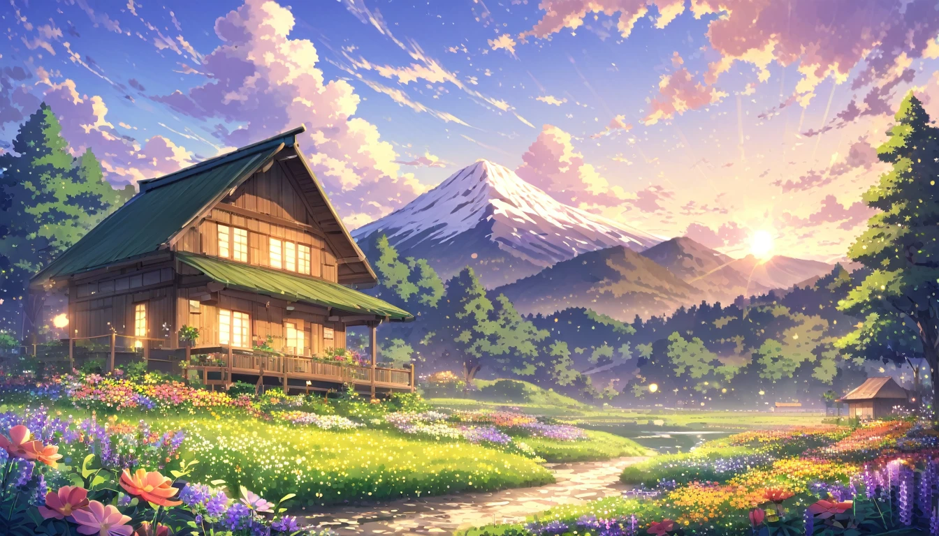 In the serene light of dawn, a small, rustic wooden house stands far away, almost hidden amidst a lush, green forest. The surrounding trees are bursting with life, their leaves shimmering in various shades of green and gold as the first rays of sunlight touch them. A majestic mountain looms in the background, its peak crowned with snow that glows softly under the early morning light. The sky is painted with shades of pink, orange, and lavender, dotted with whimsical clouds that seem to float effortlessly. Colorful flowers of all kinds bloom abundantly in the foreground, adding a splash of vivid reds, yellows, and purples to the scene.
