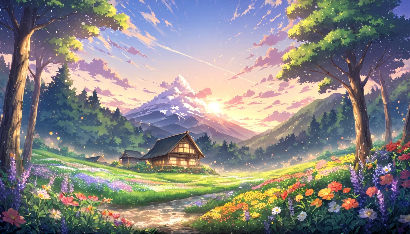 In the serene light of dawn, a small, rustic wooden house stands far away, almost hidden amidst a lush, green forest. The surrounding trees are bursting with life, their leaves shimmering in various shades of green and gold as the first rays of sunlight touch them. A majestic mountain looms in the background, its peak crowned with snow that glows softly under the early morning light. The sky is painted with shades of pink, orange, and lavender, dotted with whimsical clouds that seem to float effortlessly. Colorful flowers of all kinds bloom abundantly in the foreground, adding a splash of vivid reds, yellows, and purples to the scene.