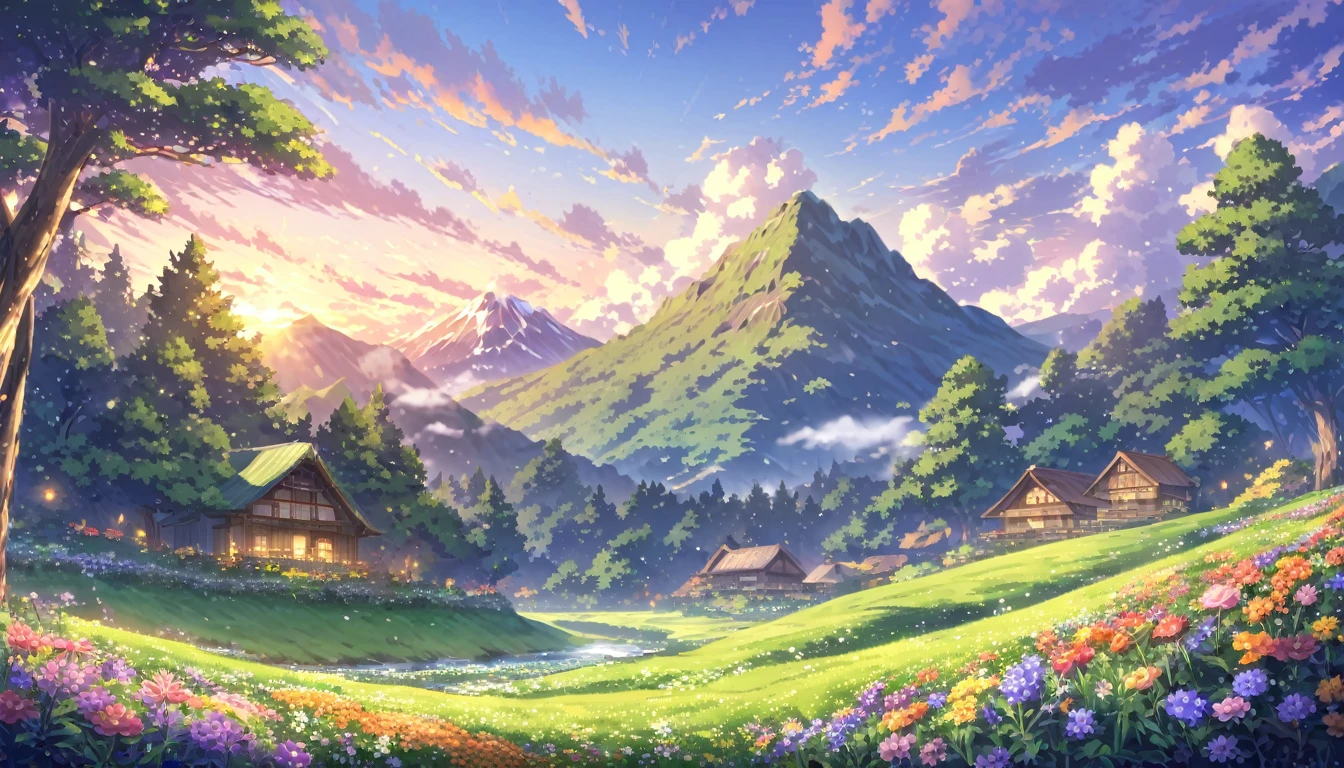 In the serene light of dawn, a small, rustic wooden house stands far away, almost hidden amidst a lush, green forest. The surrounding trees are bursting with life, their leaves shimmering in various shades of green and gold as the first rays of sunlight touch them. A majestic mountain looms in the background, its peak crowned with snow that glows softly under the early morning light. The sky is painted with shades of pink, orange, and lavender, dotted with whimsical clouds that seem to float effortlessly. Colorful flowers of all kinds bloom abundantly in the foreground, adding a splash of vivid reds, yellows, and purples to the scene.