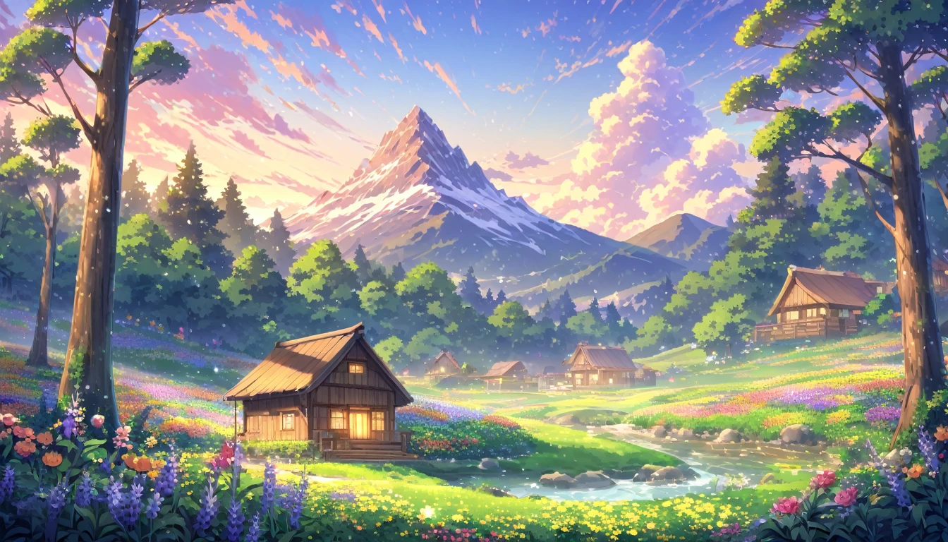 In the serene light of dawn, a small, rustic wooden house stands far away, almost hidden amidst a lush, green forest. The surrounding trees are bursting with life, their leaves shimmering in various shades of green and gold as the first rays of sunlight touch them. A majestic mountain looms in the background, its peak crowned with snow that glows softly under the early morning light. The sky is painted with shades of pink, orange, and lavender, dotted with whimsical clouds that seem to float effortlessly. Colorful flowers of all kinds bloom abundantly in the foreground, adding a splash of vivid reds, yellows, and purples to the scene.