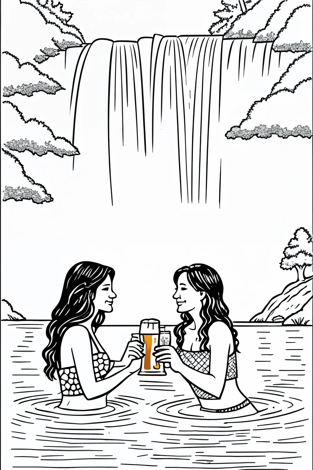 Waterfall with two women in the water enjoying a beer, sun shining. Coloring page with fine line art.