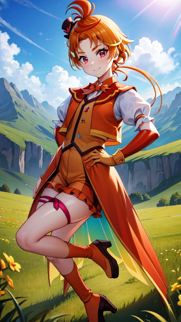 masterpiece, Highest quality, View your viewers, Depth of written boundary, Are standing, Cowboy Shot, , Orange Hair, Both sides up, hair ornaments, Elbow hand pockets, Frilled High Socks,
smile,  Lens flare,High heels、, View your viewers, Pouting, Are standing, Arms crossed, Cowboy Shot