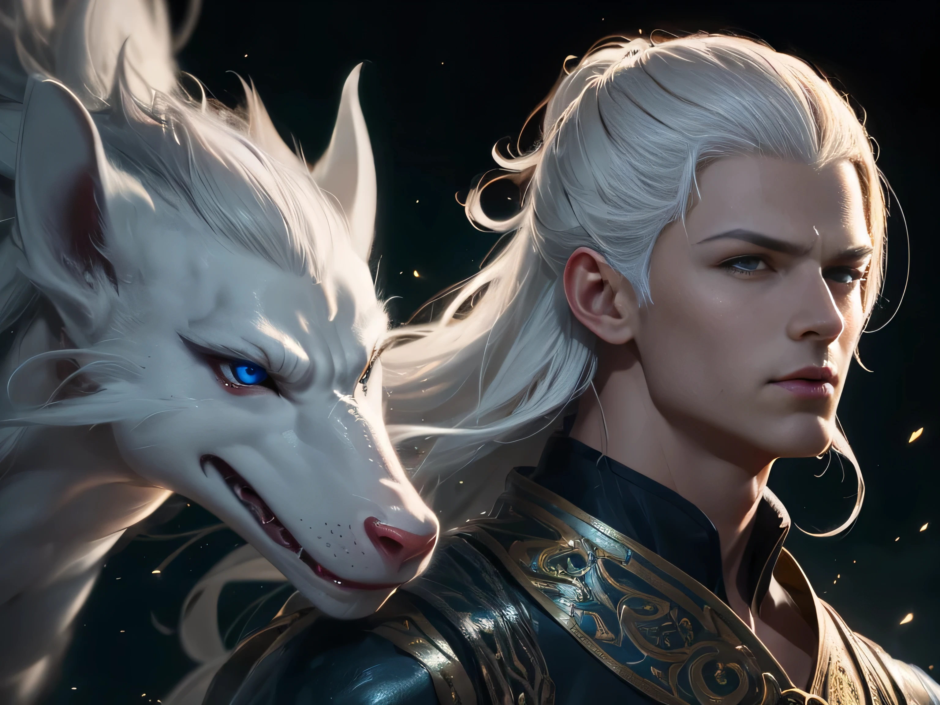 Jiro God,Third eye on the forehead,Little white wolf, Sacred Spear, Fierce eyes, Barking dog,heroic figure, Top view, Cinematic light, , comic strip,surrealism,zhang daqian, Sekizawa style