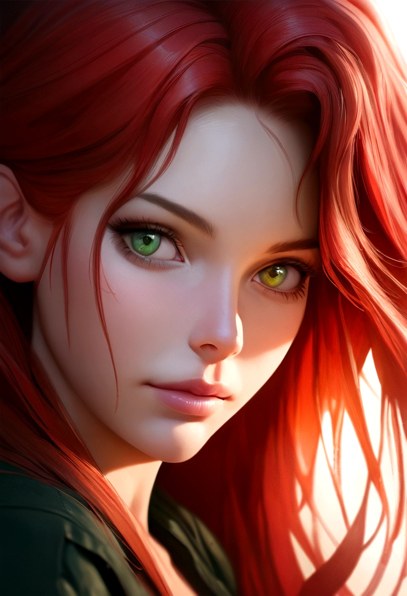redhead haired woman with green eyes and long hair, digital art by Kurt Roesch, shutterstock, digital art, sexy girl with green eyes, soft portrait shot 8 k, with red hair and green eyes, beautiful realistic face, realistic beautiful face, detailed beauty portrait, photorealistic beautiful face, realistic digital painting, beautiful redhead woman, red hair and attractive features