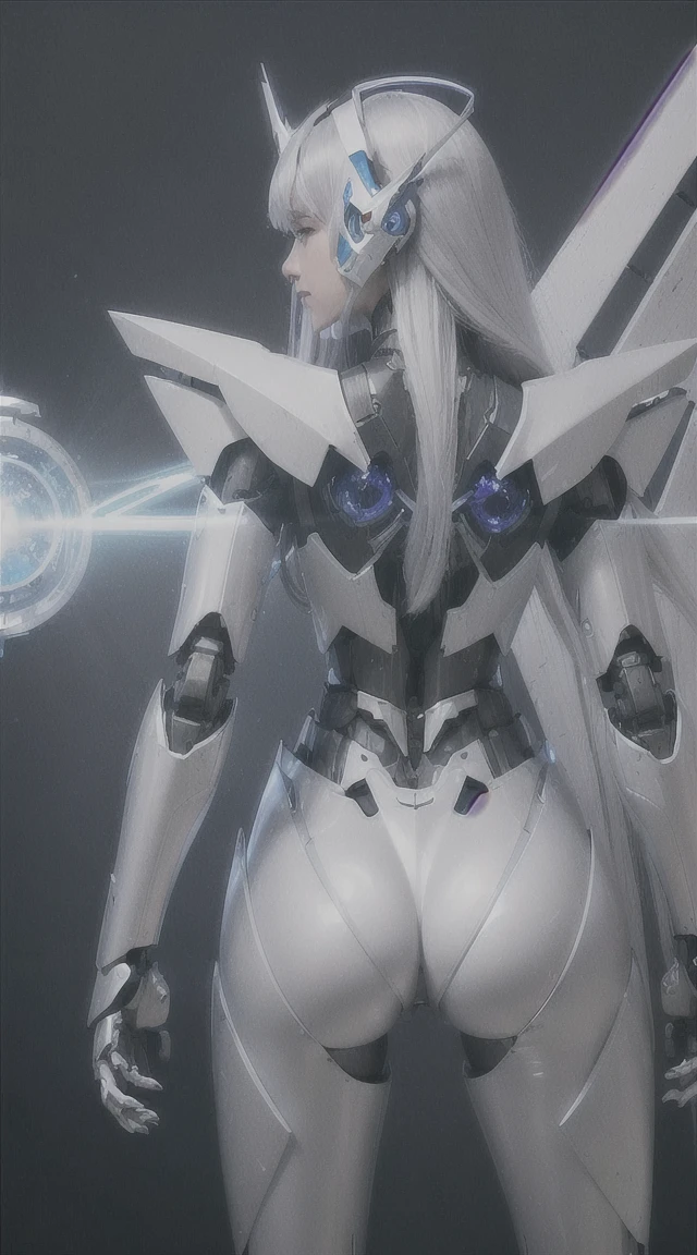 (((Photo from behind:1.6)))、((Lenses shining on both breasts:1.3))、((Blue pillars of light radiate from both of his chests..:1.3))、(Dynamic pose:1.6)、smile、((8K)), ((32k)), ((Highest quality)), ((masterpiece)), ((Ultra-high resolution)), ((Tmasterpiece)), ((Hello:1.4))、((Mechaニカルheadgear:1.2))、((Cyber Headphones:1.3))Fine skin, High quality fabric, Fine metal texture、((Beautiful and dense face))、RAW Photos、Professional, Ultra-fine painting, ((alone)), Beautiful breasts、Highest quality, Very detailed, Very detailed詳細, Finer details, so beautiful, ((Princess Knight Robot:1.2)), (Joint of the machine, Mechanical Limbs:1.3), (The internal structure of the machine is exposed:1.3), (Long silver hair:1.1), (Beautiful and huge mechanical breasts)、White Veil, cowboy_shot, Side Focus, headgear, Shiny、(Five Fingers, Four fingers and thumb),Concept Art, Anime fantasy artwork, Detailed fantasy art, (with pale blue-violet hair and large white wings,,,,,,,,), (((Long silver hair))), (Mecha:1.6)、Sleek and intimidating design, ((Commander-in-Chief'arm)), (Perfect robot body)、純白と青紫armまたは, Symmetrical wings, 8K 高品質詳細アート, 3D rendering of character art in 8K, neat legs, Defined, Defined fingers,((headshot:1.3))