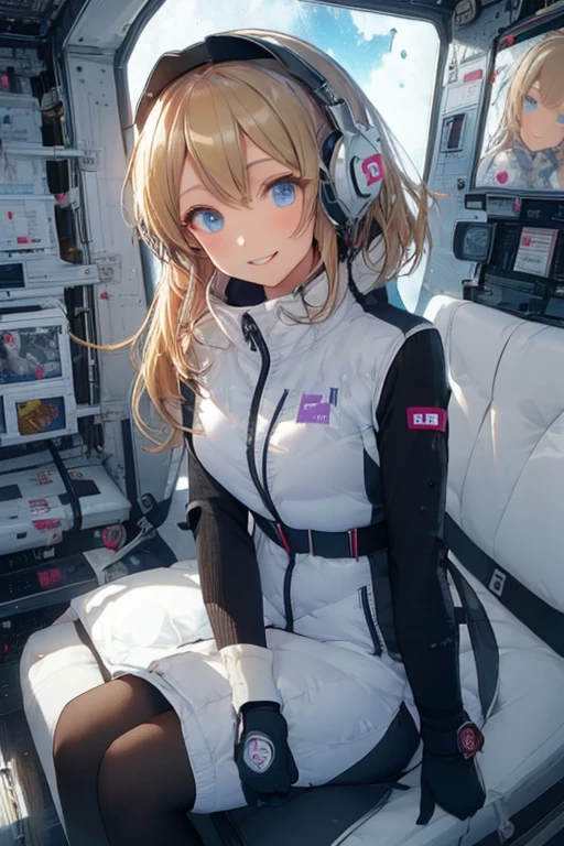 masterpiece, highest quality, high resolution, breasts, 20yo,1 girl,(solo):2,,blonde hair,(inside space station):2,flying:2,floatong:2,zero gravity,wind:1.5,anime lovelive style,
BREAK
headphone,(futurstic tight-fit bodysuit):2,(shiny silver long downvest):100,(northface silver metallic puffy downvest):2,(puffy):2,(black sleeves):5,(black tights):2,(black belt),futuristic boots and gloves,(smartwatch):100,astrovest
BREAK
1 girls, sitting in spacecraft cabin with 4-point seat belt, securely fastened, space station interior, looking out of large windows at Earth below, beautiful eyes, she have aluminum foil pouch,(aluminum foil pouch with plastic viewing window):2, contains nutritious liquid or puree together, smiling and chatting, bright and cheerful expressions, high quality cinematic lighting, detailed textures, sharp focus,blue hair,blue eyes,