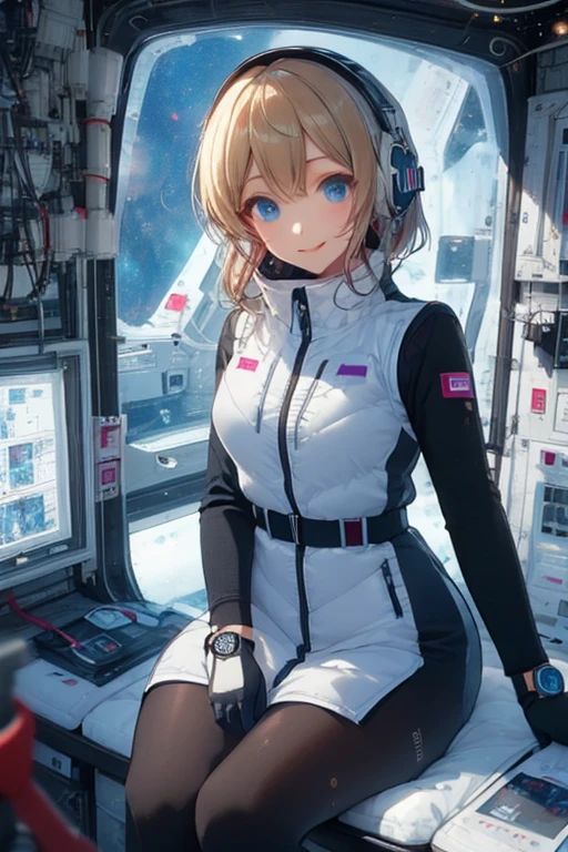 masterpiece, highest quality, high resolution, breasts, 20yo,1 girl,(solo):2,,blonde hair,(inside space station):2,flying:2,floatong:2,zero gravity,wind:1.5,anime lovelive style,

BREAK
headphone,(futurstic tight-fit bodysuit):2,(shiny silver long downvest):100,(northface silver metallic puffy downvest):2,(puffy):2,(black sleeves):5,(black tights):2,(black belt),futuristic boots and gloves,(smartwatch):100,astrovest
BREAK
1 girls, sitting in spacecraft cabin with 4-point seat belt, securely fastened, space station interior, looking out of large windows at Earth below, beautiful eyes, she have aluminum foil pouch,(aluminum foil pouch with plastic viewing window):2, contains nutritious liquid or puree together, smiling and chatting, bright and cheerful expressions, high quality cinematic lighting, detailed textures, sharp focus,blue hair,blue eyes,
