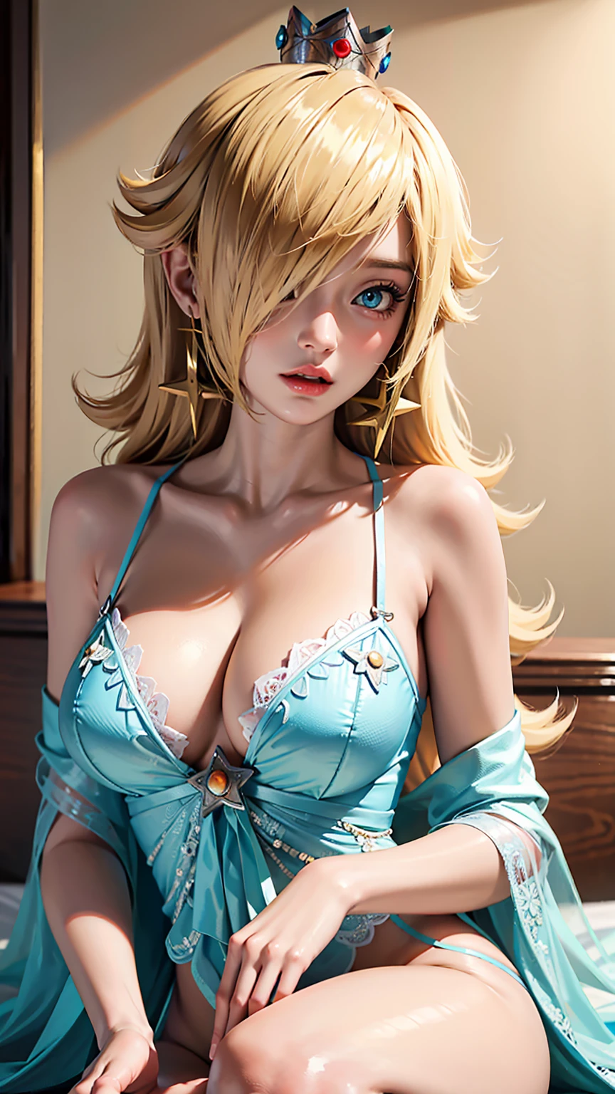 Blonde hair,(high quality:1.2), (high detail:1.2), (masterpiece:1.2), (extremely detailed:1.2), blue lingerie, symmetrical features, long hair, (((sexy breasts)))