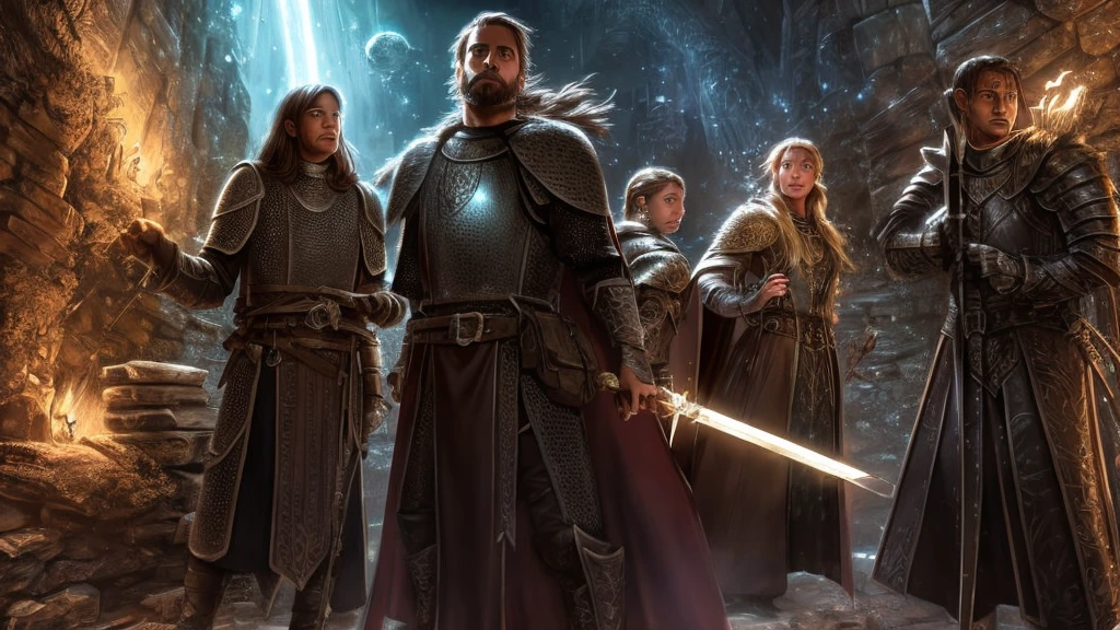 a knight, a ranger, a cleric, and a wizard exploring through a dark dungeon.