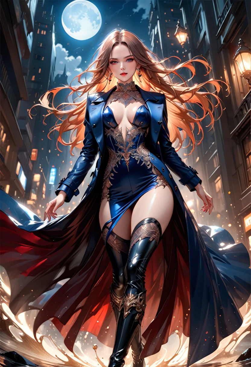 fantasy art, modern and gothic art, (masterpiece:1.5), full body best details, highly detailed, best quality,  highres, full body portrait of a female vampire (Masterpiece, best quality: 1.6), ultra feminine, with a long curvy hair, blond hair, (red:1.3) eyes, ((beautiful delicate face)), Ultra Detailed Face (wearing elegant glamour open black trench coat: 1.5) , (flowing black trench coat: 1.5), wearing an intricate (blue suit: 1.2)  (intricate details, Masterpiece, best quality: 1.3), high heeled boots, urban background (intense details, beat details), fantasy, at night light, natural ,moon light, clouds, gothic atmosphere, soft light, ((anatomically correct)), high details, best quality, 16k, [ultra detailed], masterpiece, best quality, (extremely detailed), dynamic angle, drkfntasy, evening dress