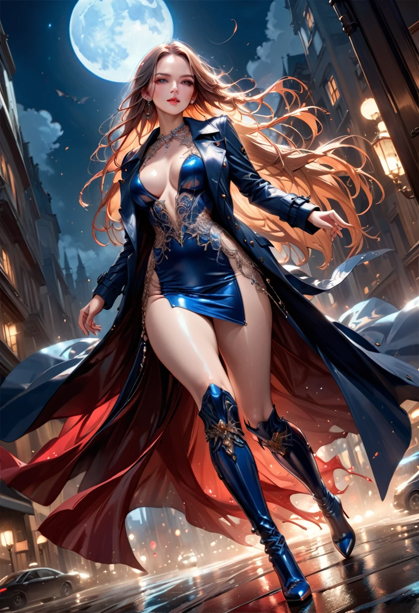 fantasy art, modern and gothic art, (masterpiece:1.5), full body best details, highly detailed, best quality,  highres, full body portrait of a female vampire (Masterpiece, best quality: 1.6), ultra feminine, with a long curvy hair, blond hair, (red:1.3) eyes, ((beautiful delicate face)), Ultra Detailed Face (wearing elegant glamour open black trench coat: 1.5) , (flowing black trench coat: 1.5), wearing an intricate (blue suit: 1.2)  (intricate details, Masterpiece, best quality: 1.3), high heeled boots, urban background (intense details, beat details), fantasy, at night light, natural ,moon light, clouds, gothic atmosphere, soft light, ((anatomically correct)), high details, best quality, 16k, [ultra detailed], masterpiece, best quality, (extremely detailed), dynamic angle, drkfntasy, evening dress