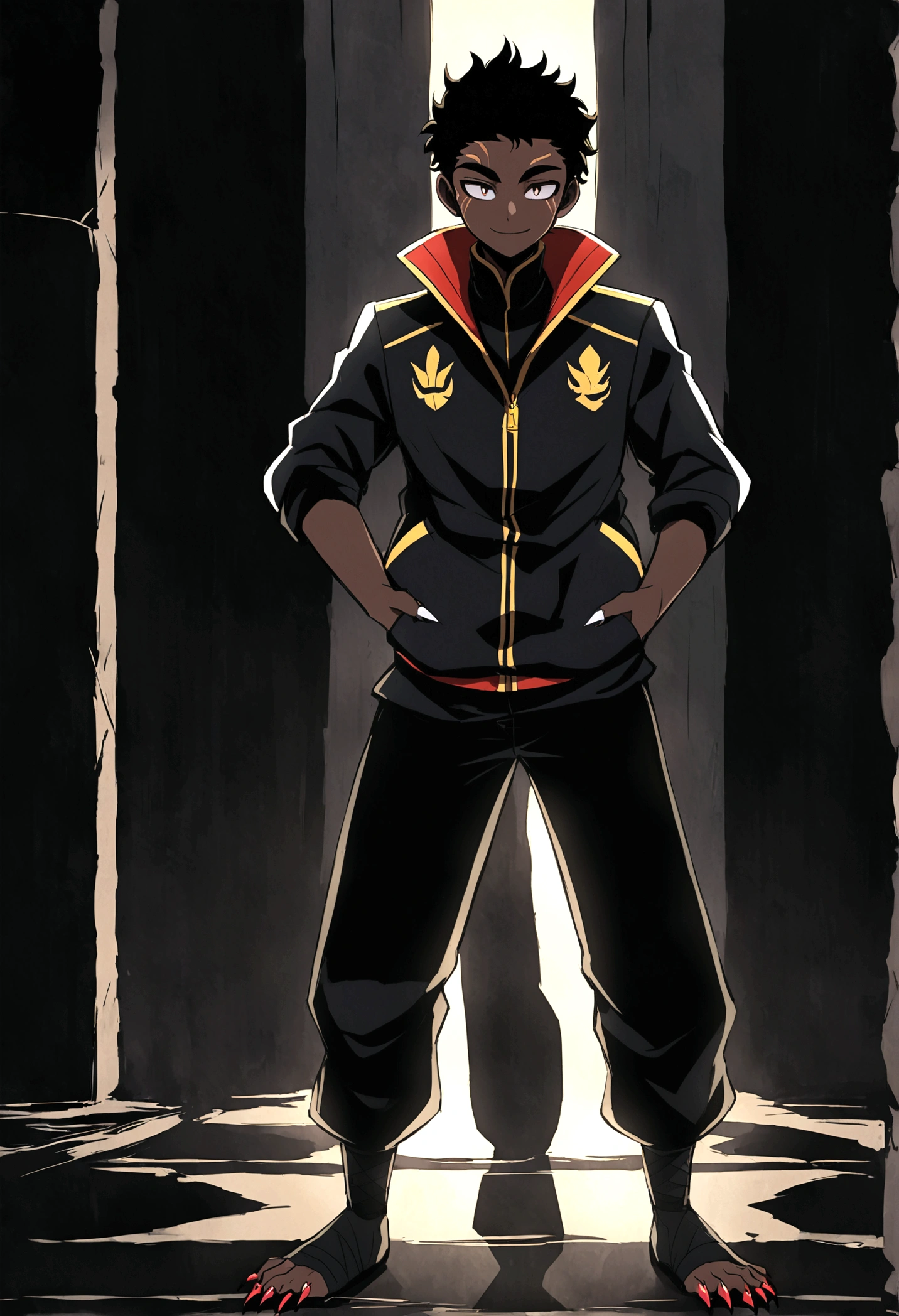 African boy full body in anime style:1.2, shaped with strength and with sharp nails, wearing an African regatta jacket and black pants, in a dark environment with strong contrast. soft face, Various marks on the right and left arms, no marks on the face, smiling.