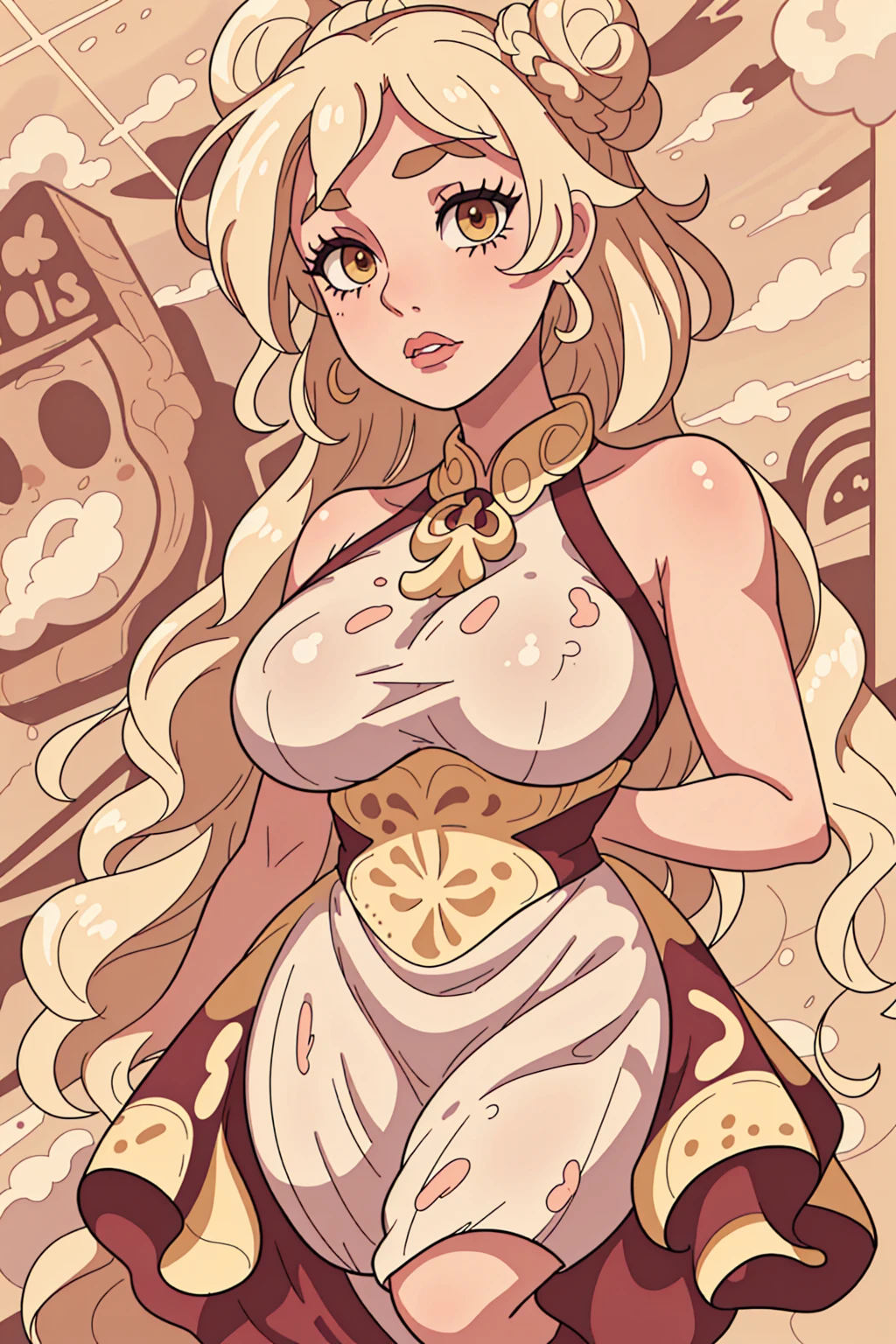 A beautiful woman with an incredible hourglass figure, very curvy, a giant frilly golden dress, very beautiful face, big beautiful lips, golden lipstick and mascara, stern expression, hair done up in a giant bun, standing in front of a bright white sky