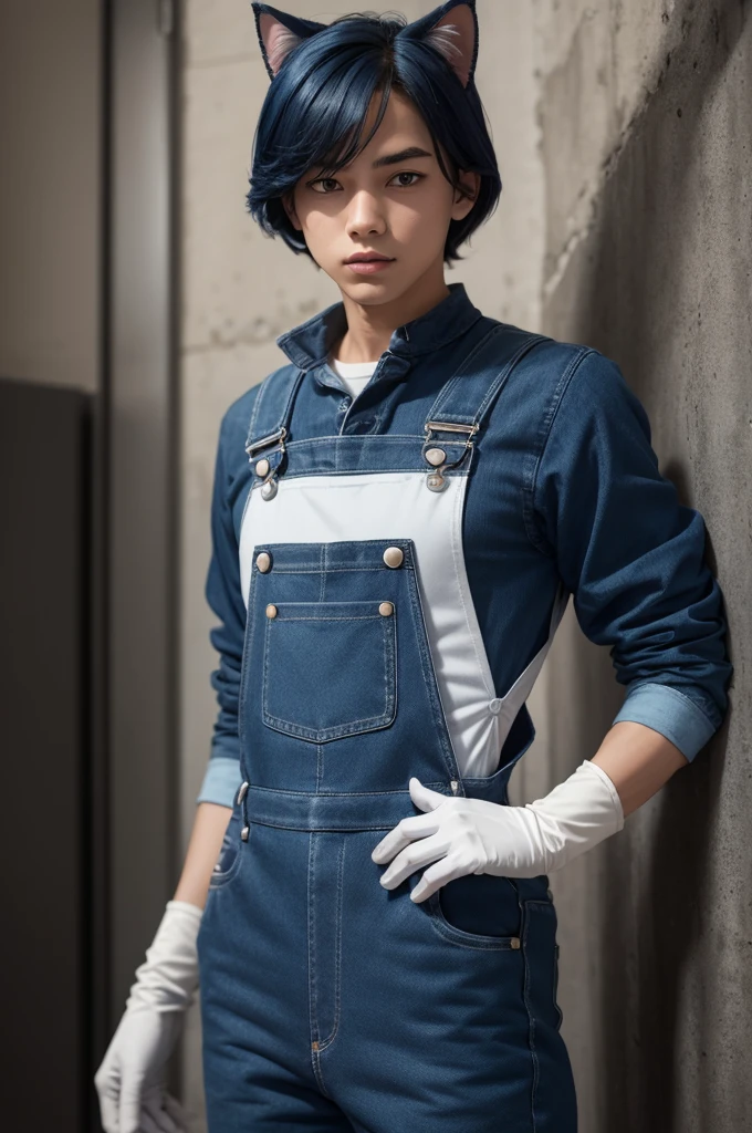 A blue cat that wears dark blue overalls and also has white gloves and is from a cartoon