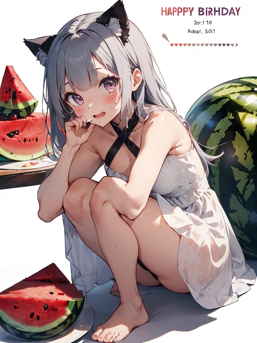 a bit:1.5.(White Background:1.3)::5],(Imide Shot:0.95),(whole body:1.25),
(Official Art:1.2),
//,
(fall:1.1),
(Fetal position:1.2),
From one finger to mouth,
Blushing your nose,shy,Open your mouth,happy birthday,誕生日cake,Mini Crown,(White thighs:1.3),
Raleigh,,Bandaged leg,barefoot,whole body,Light purple eyes,Cat ear,(watermelon, cake:1.2),
Gray Hair,Long Hair,Blunt bangs,White Dress,Deep neckline,Cross Halter Dress,Waistband,