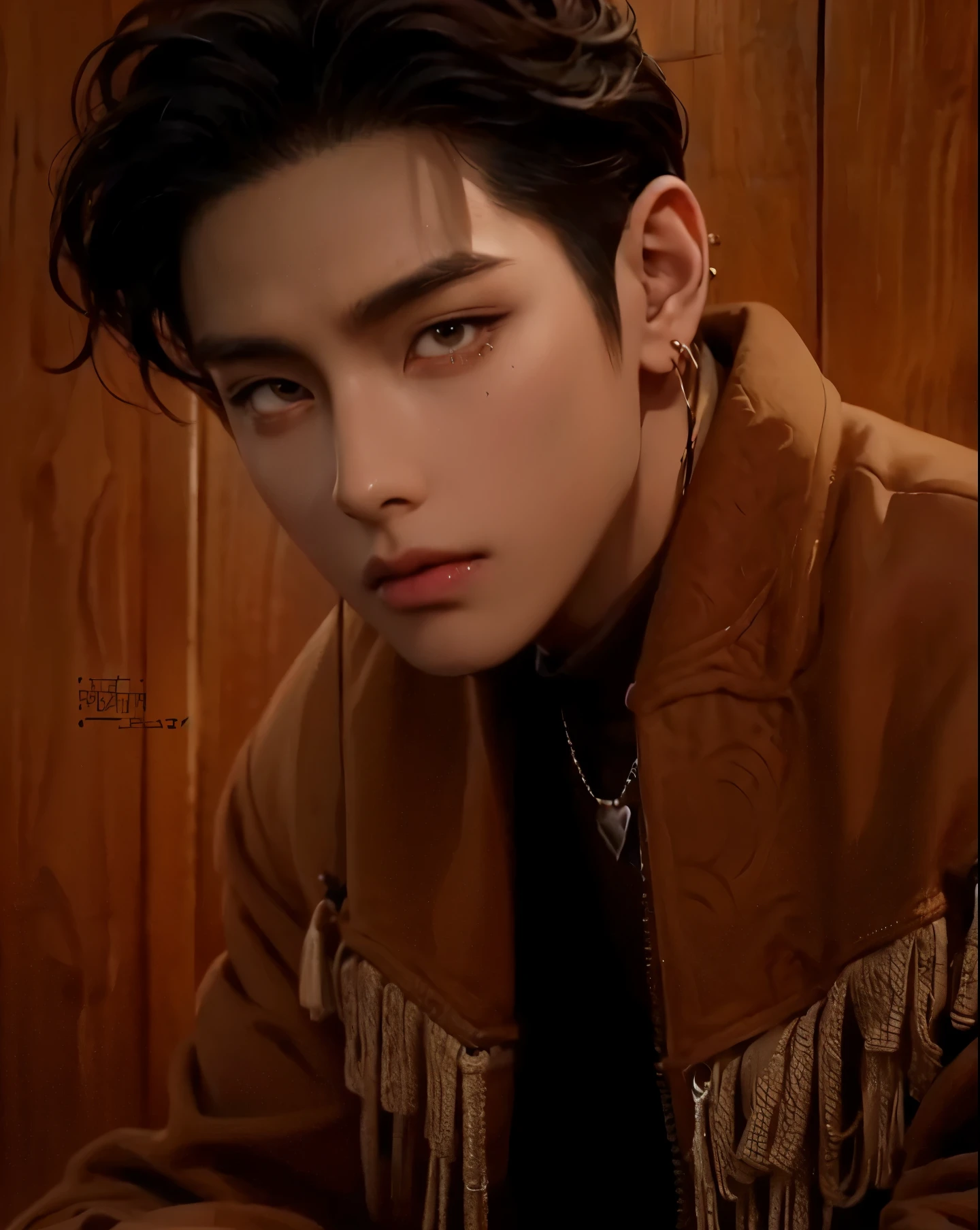 Arafed man with piercings and a brown jacket sitting, cai xukun, hyperrealistic anime, photorealistic!!!!!!! Art Style, inspired by Gang Se-hwang, realistic art style, artwork in the style of guweiz, inspired by Kim Deuk-sin, realism artistic style, inspired by Zhang Han, digital art. @mariomaniacdude