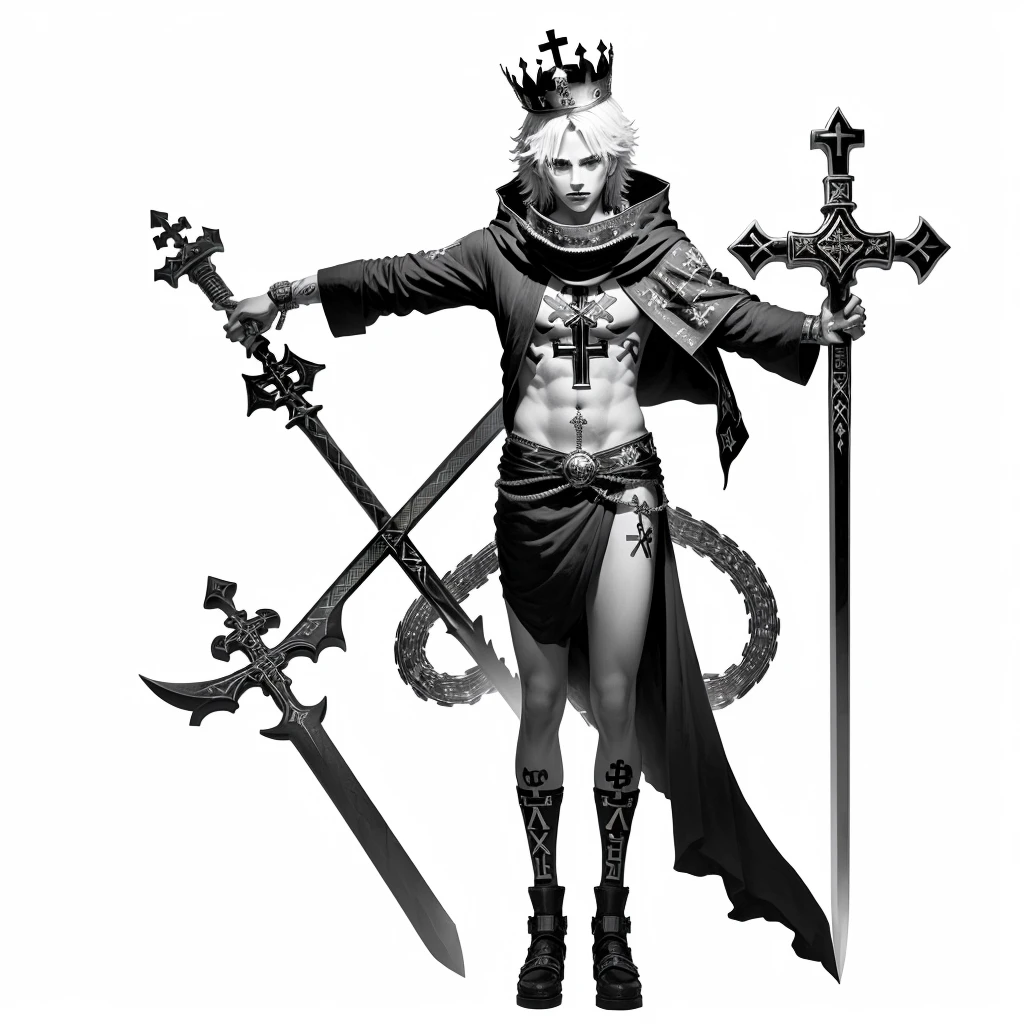 a black and white image of a cross with a crown on top, Rosicrucian symbols illegible, ancient symbol behind him, ankh symbol around the neck, Orthodox Diesel punk symbolism, wears the ankh symbol, ankh symbol, R Number, Substitute word symbol, CR3, runic tattoos, Hidden Hidden Symbols, ankh, This image represents the R and a SWORD that both make the R