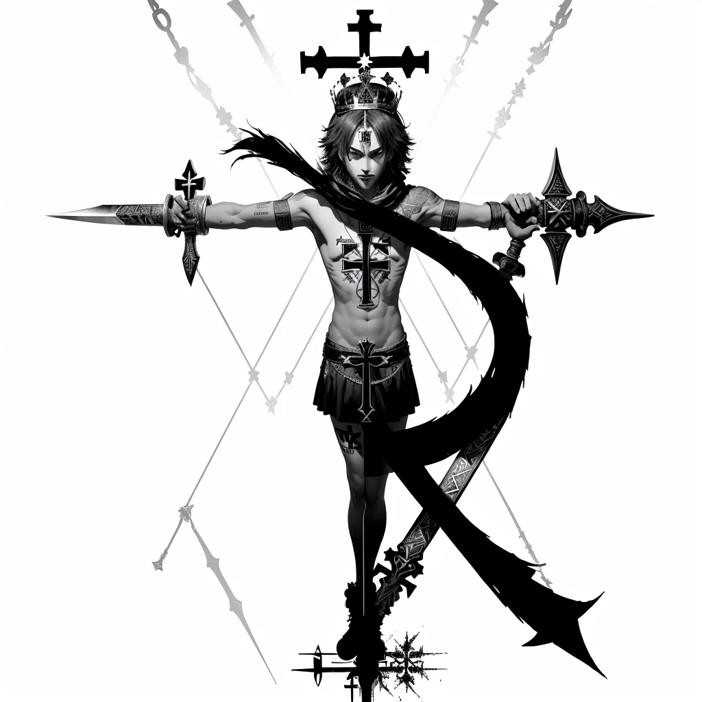 a black and white image of a cross with a crown on top, Rosicrucian symbols illegible, ancient symbol behind him, ankh symbol around the neck, Orthodox Diesel punk symbolism, wears the ankh symbol, ankh symbol, R Number, Substitute word symbol, CR3, runic tattoos, Hidden Hidden Symbols, ankh, This image represents the R and a SWORD that both make the R