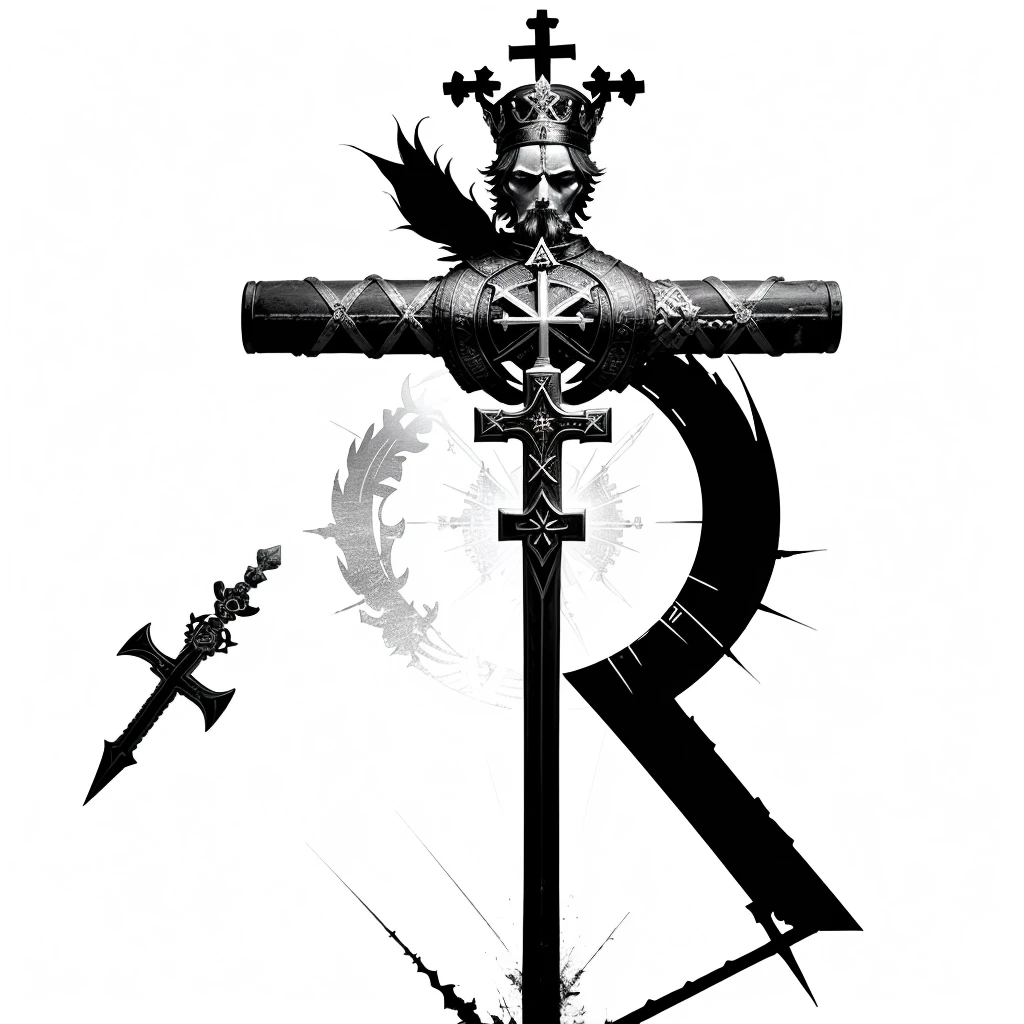 a black and white image of a cross with a crown on top, Rosicrucian symbols illegible, ancient symbol behind him, ankh symbol around the neck, Orthodox Diesel punk symbolism, wears the ankh symbol, ankh symbol, R Number, Substitute word symbol, CR3, runic tattoos, Hidden Hidden Symbols, ankh, This image represents the R and a SWORD that both make the R