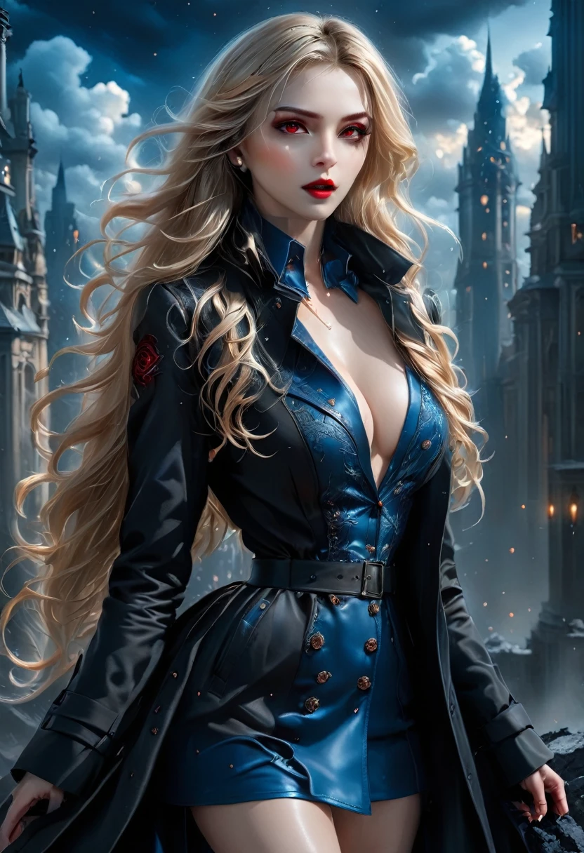 fantasy art, modern and gothic art, (masterpiece:1.5), full body best details, highly detailed, best quality,  highres, full body portrait of a female vampire (Masterpiece, best quality: 1.6), ultra feminine, with a long curvy hair, blond hair, (red:1.3) eyes, ((beautiful delicate face)), Ultra Detailed Face (wearing elegant glamour open black trench coat: 1.5) , (flowing black trench coat: 1.5), wearing an intricate (blue suit: 1.2)  (intricate details, Masterpiece, best quality: 1.3), high heeled boots, urban background (intense details, beat details), fantasy, at night light, natural ,moon light, clouds, gothic atmosphere, soft light, ((anatomically correct)), high details, best quality, 16k, [ultra detailed], masterpiece, best quality, (extremely detailed), dynamic angle, drkfntasy, Intense gaze