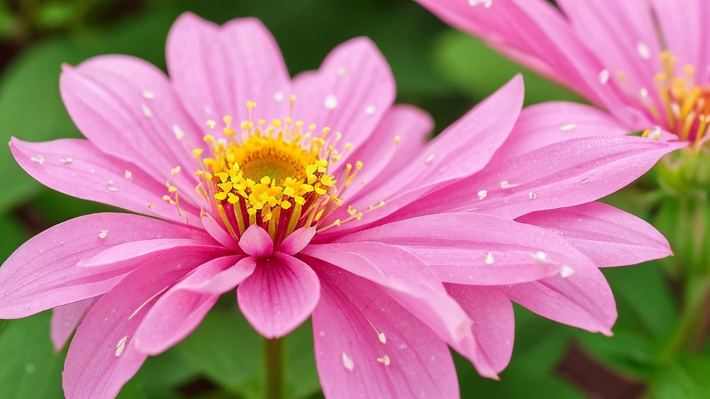Create an image of a single, vibrant pink flower with dewdrops on its petals, centered in the composition. The flower has multiple layers of petals with a detailed, orange-yellow center consisting of small, rounded florets. Surrounding the flower are numerous green leaves with a soft-focus background that enhances the flower's prominence and gives a serene, lush appearance to the scene.