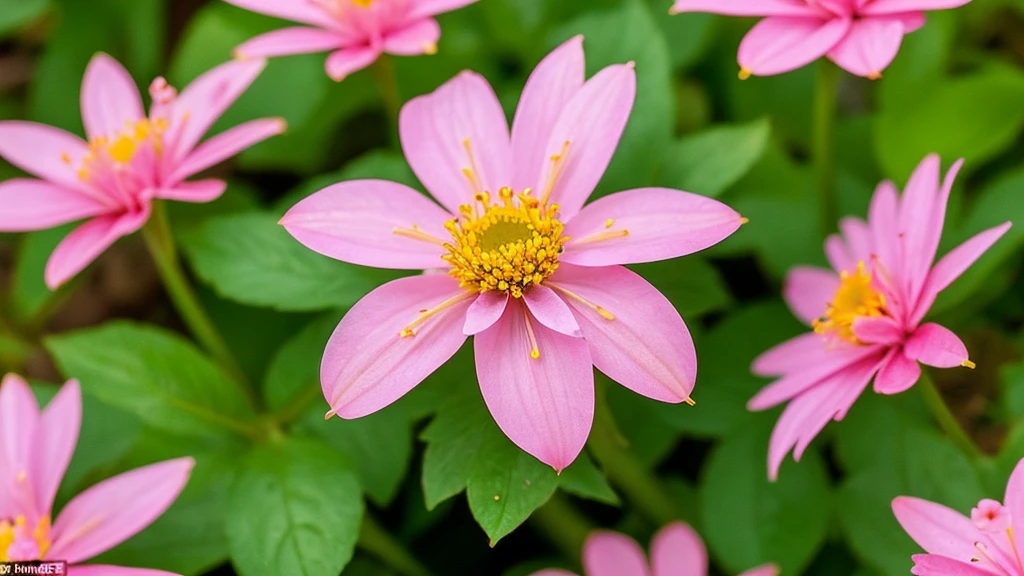 Create an image of a single, vibrant pink flower with dewdrops on its petals, centered in the composition. The flower has multiple layers of petals with a detailed, orange-yellow center consisting of small, rounded florets. Surrounding the flower are numerous green leaves with a soft-focus background that enhances the flower's prominence and gives a serene, lush appearance to the scene.