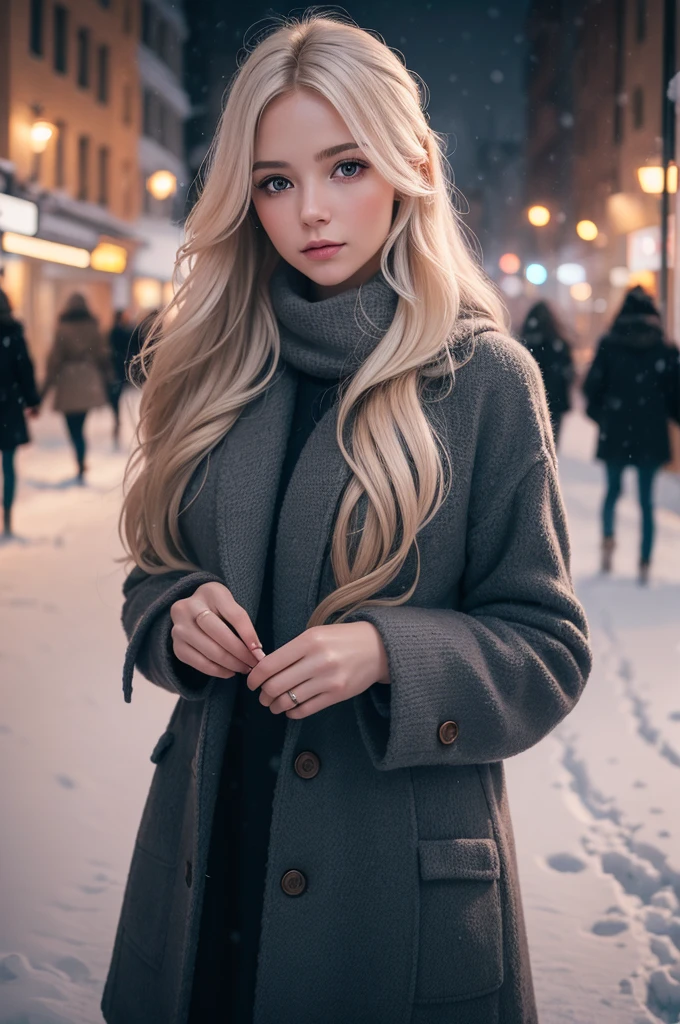 professional photography of a beautiful norwegian girl in winter clothes with long wavy blonde hair, sensual and seductive look, beautiful symmetrical face, beautiful natural makeup, wearing chic warm winter fashion clothing, ((standing outside on the snowy city street)), impressive modern urban environment, ultra realistic, conceptual artwork, chic, highy detailed, intricate, sharp focus, Depth of field, f/1. 8, 85 mm, medium shot, mid shot, (((professional color grading))), soft and bright diffused light, (Volumetric fog), Trends on Instagram, HD 4k, 8K