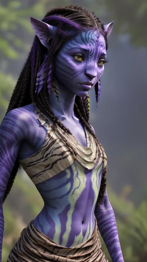 Na'vi woman with purple skin,With dark stripes like a tiger on the skin, Completely covered in a white tribal dress, best quality, perfect face