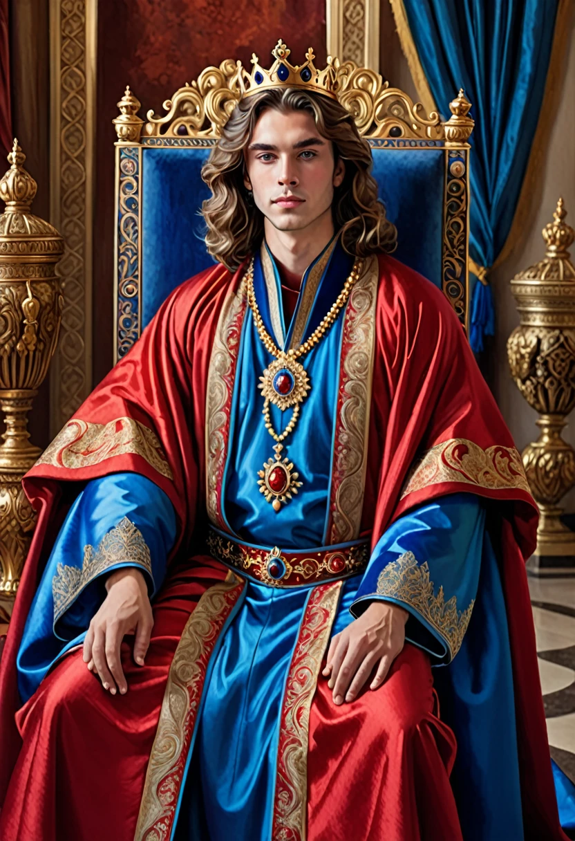 A portrait of a young and majestic king, exuding serenity and wisdom. He is dressed in a stunning ensemble of red and blue clothes, with a flowing robe and ornate blue shoes. His long, wavy hair frames his face, and he is adorned with a royal crown that compliments his regal bearing. The background is a grand throne room, filled with intricate details and a feeling of grandeur.