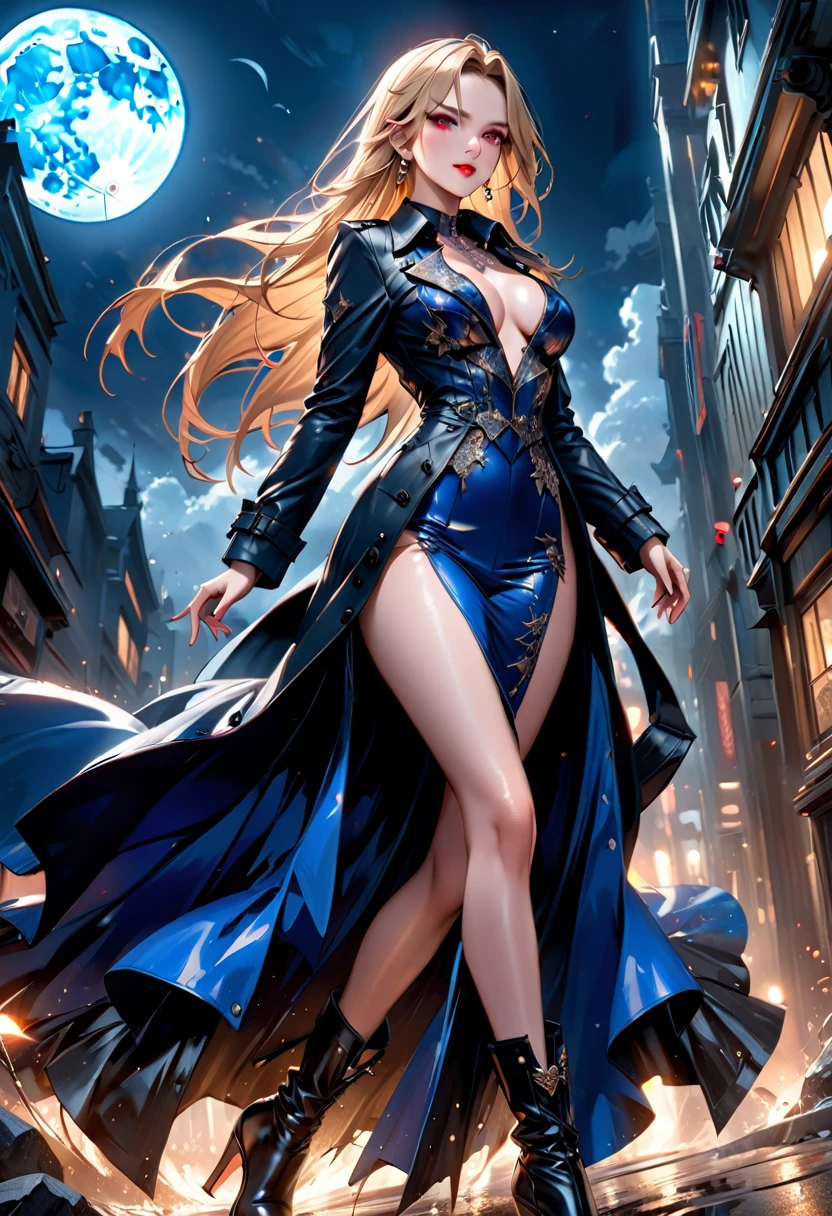 fantasy art, modern and gothic art, (masterpiece:1.5), full body best details, highly detailed, best quality,  highres, full body portrait of a female vampire (Masterpiece, best quality: 1.6), ultra feminine, with a long curvy hair, blond hair, (red:1.3) eyes, ((beautiful delicate face)), Ultra Detailed Face (wearing elegant glamour open black trench coat: 1.5) , (flowing black trench coat: 1.5), wearing an intricate (blue suit: 1.2)  (intricate details, Masterpiece, best quality: 1.3), high heeled boots, urban background (intense details, beat details), fantasy, at night light, natural ,moon light, clouds, gothic atmosphere, soft light, ((anatomically correct)), high details, best quality, 16k, [ultra detailed], masterpiece, best quality, (extremely detailed), dynamic angle, drkfntasy, evening dress