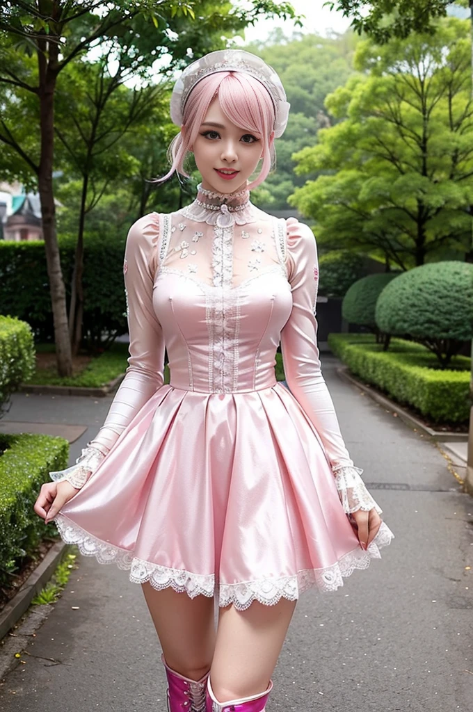 (),  stylish Swedish model, only 1 female, ((doll-like appearance)), short neon pink stylish hair, ((shiny Victorian-Style boots)), (big smile), ultra detailed eyes, vivid eye makeup, lip-gloss, long lashes, defined eyebrows, (( Paradise Kiss cosplay)), bell-shaped skirt, petticoats, high neckline, puffed sleeves, ((ultra detailed lace)), ((ultra detailed embroidery)), intricate details, Paradise Kiss accessoires and matching headpiece, choker, ((large sparkling Paradise Kiss jewelry)), cinematic light, detailed large park background with trees