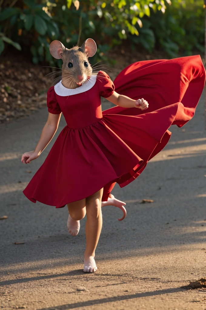 A mouse in a red dress running