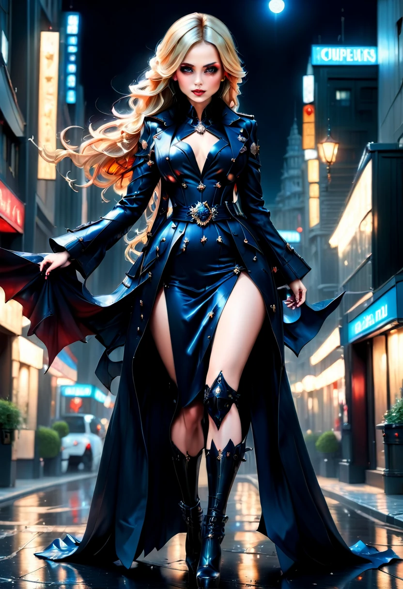 fantasy art, modern and gothic art, (masterpiece:1.5), full body best details, highly detailed, best quality,  highres, full body portrait of a female vampire (Masterpiece, best quality: 1.6), ultra feminine, with a long curvy hair, blond hair, (red:1.3) eyes, ((beautiful delicate face)), Ultra Detailed Face (wearing elegant glamour open black trench coat: 1.5) , (flowing black trench coat: 1.5), wearing an intricate (blue suit: 1.2)  (intricate details, Masterpiece, best quality: 1.3), high heeled boots, urban background (intense details, beat details), fantasy, at night light, natural ,moon light, clouds, gothic atmosphere, soft light, ((anatomically correct)), high details, best quality, 16k, [ultra detailed], masterpiece, best quality, (extremely detailed), dynamic angle, drkfntasy, evening dress