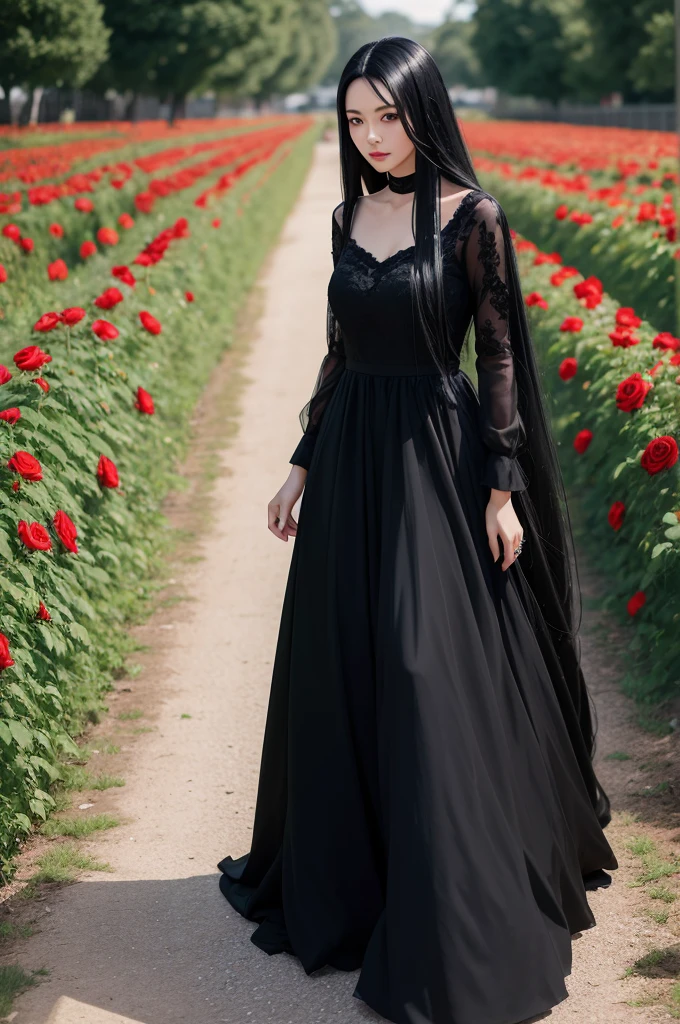 Create an image of a woman with long black hair wearing a long dress walking on top of roses