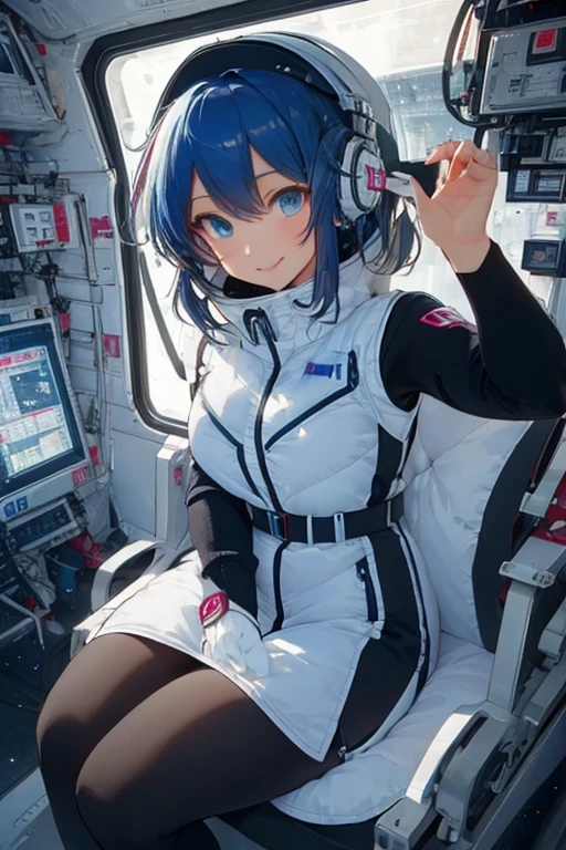masterpiece, highest quality, high resolution, breasts, 20yo,1 girl,(solo):2,,blonde hair,(inside space station):2,flying:2,floatong:2,zero gravity,wind:1.5,anime lovelive style,

BREAK
headphone,(futurstic tight-fit bodysuit):2,(shiny silver long downvest):100,(northface silver metallic puffy downvest):2,(puffy):2,(black sleeves):5,(black tights):2,(black belt),futuristic boots and gloves,(smartwatch):100,astrovest
BREAK
1 girls, sitting in spacecraft cabin with 4-point seat belt, securely fastened, space station interior, looking out of large windows at Earth below, beautiful eyes, she have aluminum foil pouch,(aluminum foil pouch with plastic viewing window):2, contains nutritious liquid or puree together, smiling and chatting, bright and cheerful expressions, high quality cinematic lighting, detailed textures, sharp focus,blue hair,blue eyes,
