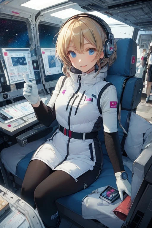 masterpiece, highest quality, high resolution, breasts, 20yo,1 girl,(solo):2,,blonde hair,(inside space station):2,flying:2,floatong:2,zero gravity,wind:1.5,anime lovelive style,
BREAK
headphone,(futurstic tight-fit bodysuit):2,(shiny silver long downvest):100,(northface silver metallic puffy downvest):2,(puffy):2,(black sleeves):5,(black tights):2,(black belt),futuristic boots and gloves,(smartwatch):100,astrovest
BREAK
1 girls, sitting in spacecraft cabin with 4-point seat belt, securely fastened, space station interior, looking out of large windows at Earth below, beautiful eyes, she have aluminum foil pouch,(aluminum foil pouch with plastic viewing window):2, contains nutritious liquid or puree together, smiling and chatting, bright and cheerful expressions, high quality cinematic lighting, detailed textures, sharp focus,blue hair,blue eyes,
