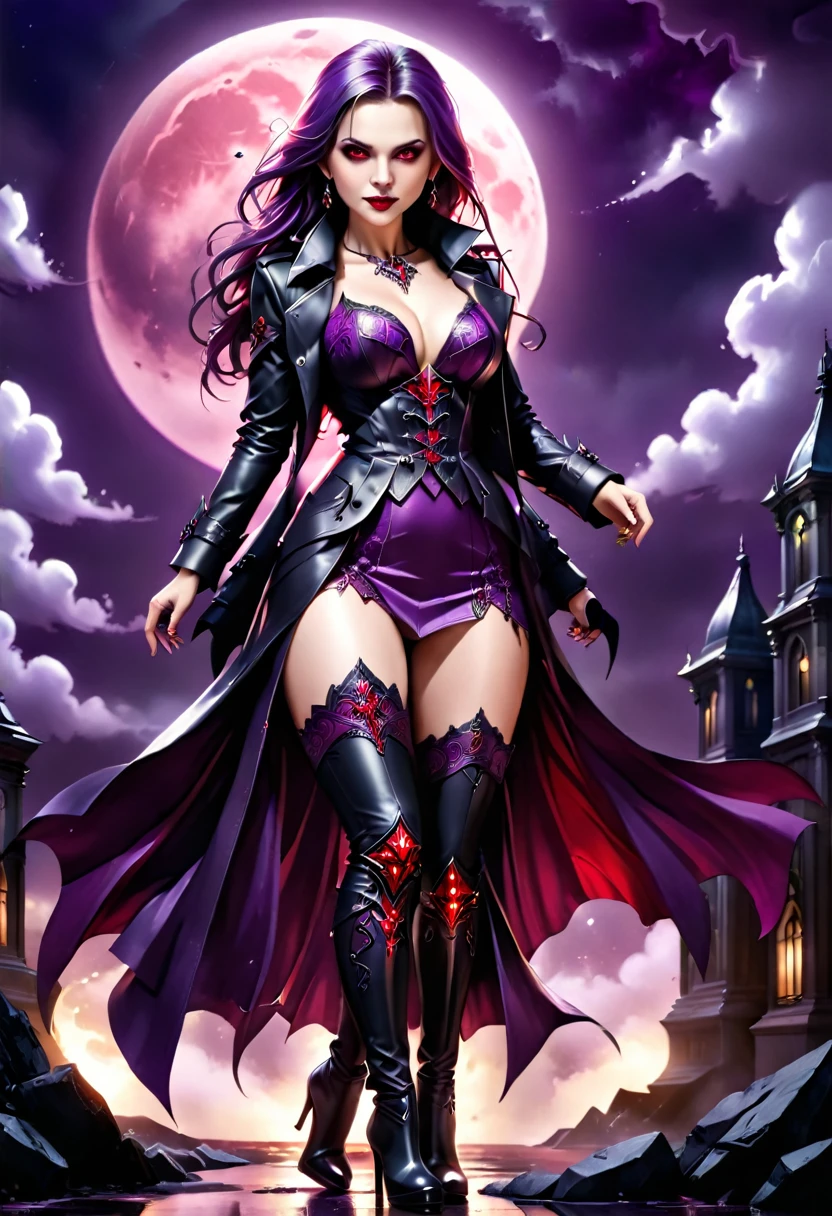 fantasy art, modern and gothic art, (masterpiece:1.5), full body best details, highly detailed, best quality,  highres, full body portrait of a female vampire (Masterpiece, best quality: 1.6), ultra feminine, with a long curvy hair, blond hair, (red:1.3) eyes, ((beautiful delicate face)), Ultra Detailed Face (wearing elegant glamour open black trench coat: 1.5) , (flowing black trench coat: 1.5), wearing an intricate (purple suit: 1.2)  (intricate details, Masterpiece, best quality: 1.3), high heeled boots, urban background (intense details, beat details), fantasy, at night light, natural ,moon light, clouds, gothic atmosphere, soft light, ((anatomically correct)), high details, best quality, 16k, [ultra detailed], masterpiece, best quality, (extremely detailed), dynamic angle, drkfntasy, evening dress