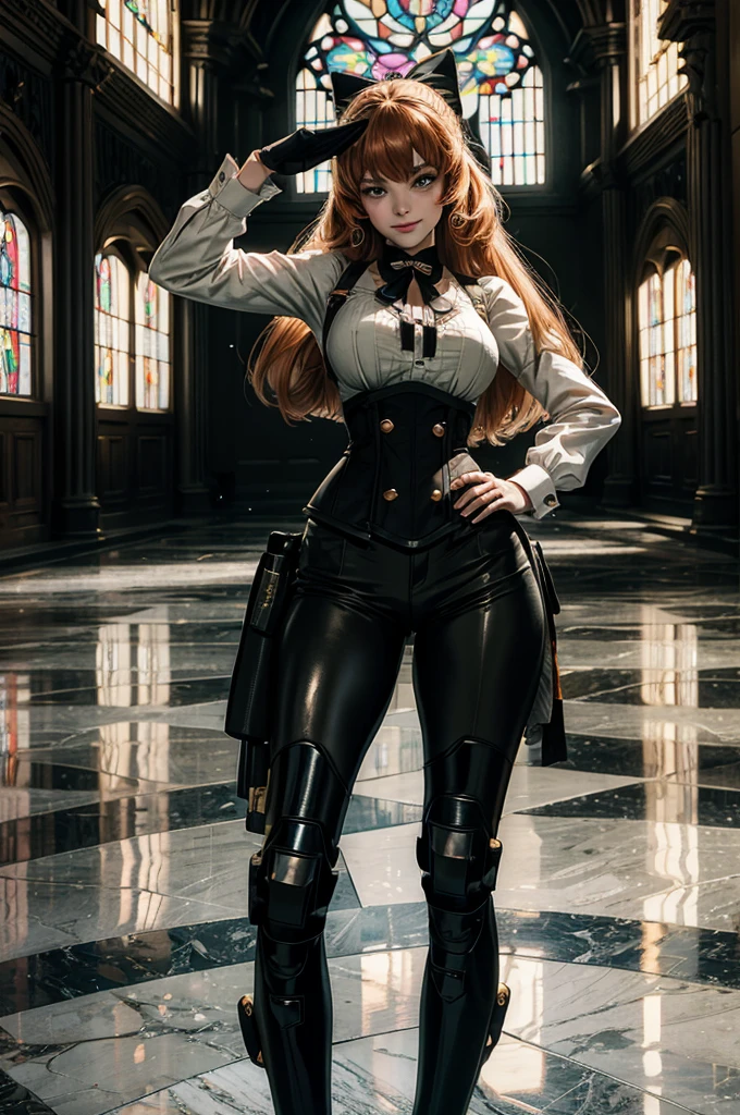 cowboy shot, dynamic pose, smile,  underbust, Penny Polendina, long hair, neck ribbon, yoga pants, corset, black bow, white blouse, mechanical legs, neon trim, standing inside palace, hand on hip, salute, marble floor, marble pillars, tall stained glass windows, BREAK gala, large crowd, (((crowd in military dress))), (volumetric lighting), intricate details, tonemapping, sharp focus, hyper detailed, 

