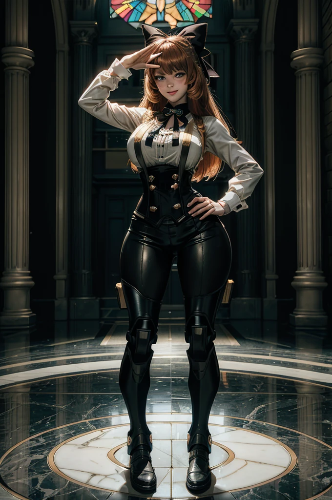 cowboy shot, dynamic pose, smile,  underbust, Penny Polendina, long hair, neck ribbon, yoga pants, corset, black bow, white blouse, mechanical legs, neon trim, standing inside palace, hand on hip, salute, marble floor, marble pillars, tall stained glass windows, BREAK gala, large crowd, (((crowd in military dress))), (volumetric lighting), intricate details, tonemapping, sharp focus, hyper detailed, 

