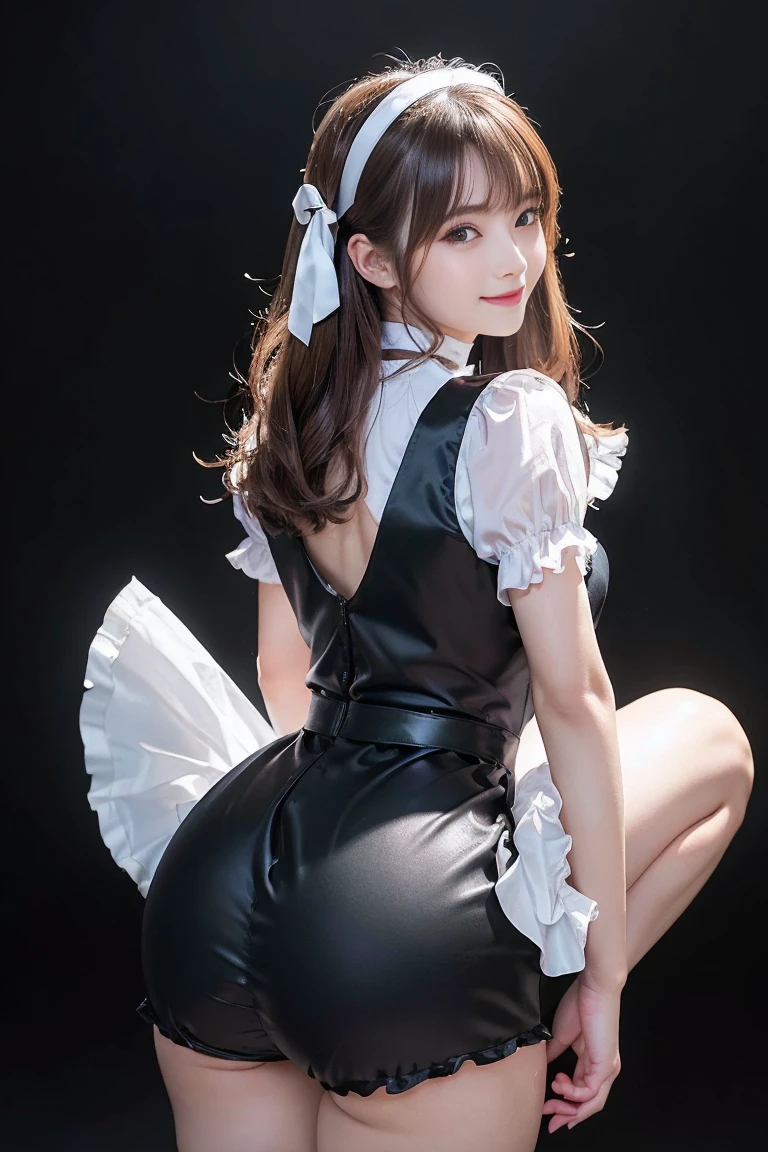 Highest quality, Super detailed, High resolution, 8K images) (reality, Realistic photos:1.37), ((Highest quality))Young and beautiful woman in Japan、Wearing a cute short-sleeved satin silver black maid outfit、With a big smile、White ruffled headband、White frilly apron、Black Choker、Charming person、Very cute face、Glossy Lips、Body covered in sweat、Double eyelids on both eyes、 Natural Makeup、Long eyelashes、Long Bob Hair、Shiny and smooth light brown hair、Asymmetrical bangs、Sunburned skin(((Show me your asshole 1：3)), ((Stick your butt out)),(Squat with legs apart), Fine and beautiful eyes,Perfect Proportions,(Overflowing big),(A full-body shot from behind), Very beautiful and cute girl,22 years old,(anime),Kamimei, Pitch black background,(Solid black background)
