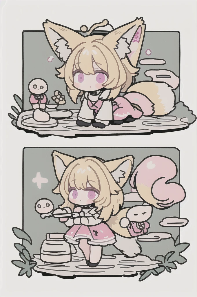 Blonde、Outward-curling bob、Fox ears and tail、Pink dress