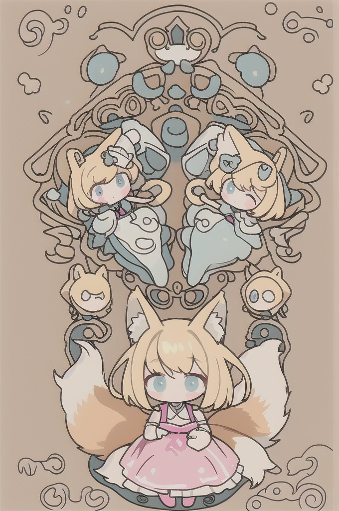 Blonde、Outward-curling bob、Fox ears and tail、Pink dress