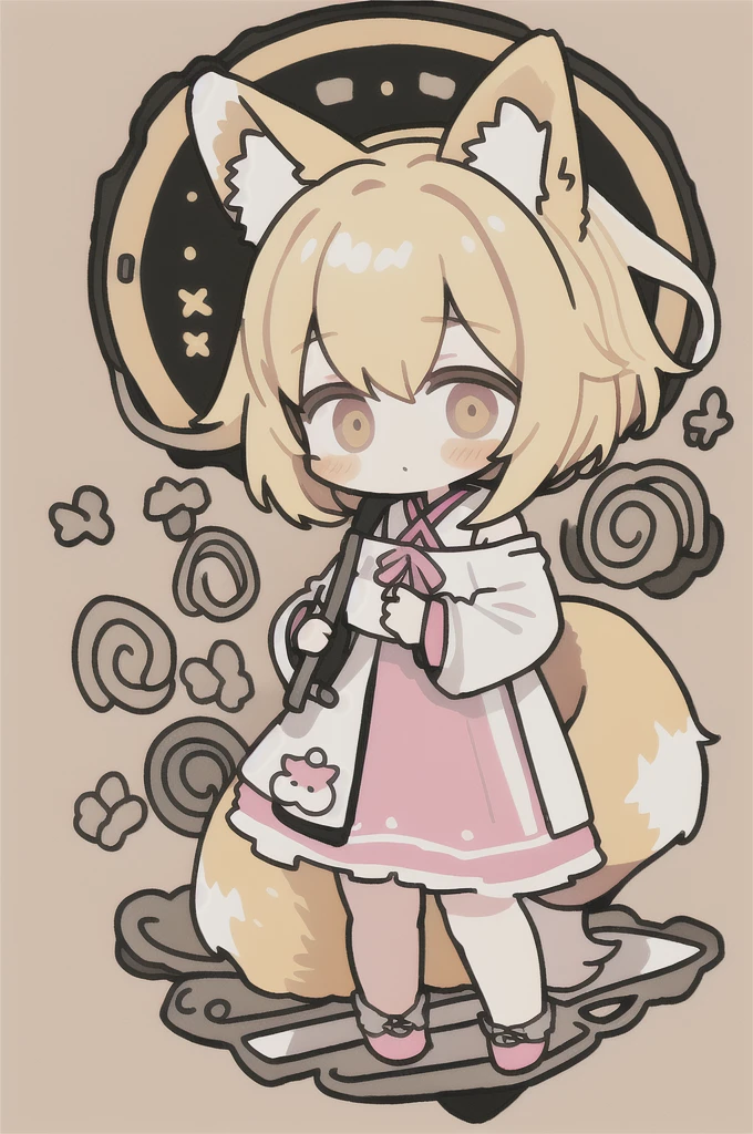 Blonde、Outward-curling bob、Fox ears and tail、Pink dress