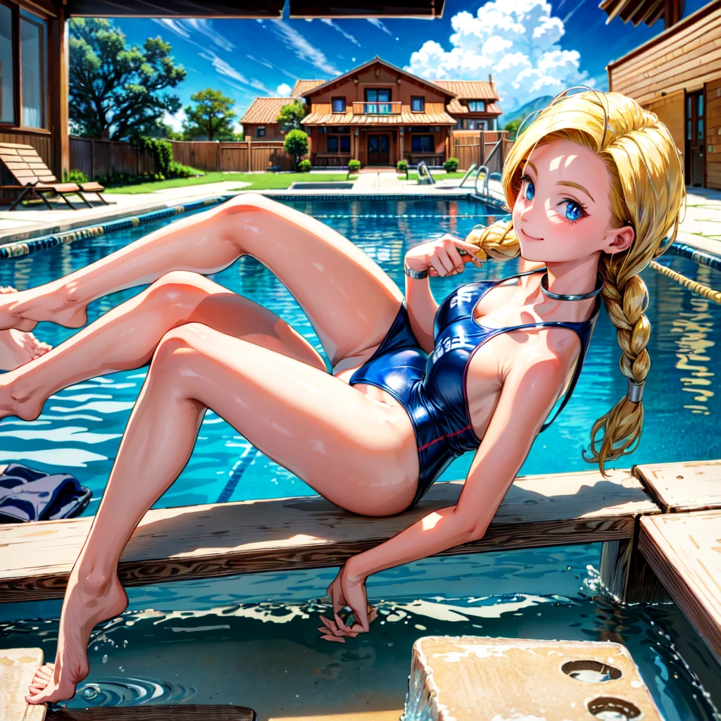 (masterpiece, highest quality:1.2), 1 girl, solo, 1 girl, Bianca, DQ5, illustration, anime style, long hair, blonde hair, single braid, over-the-shoulder hair, blue eyes, smiling, redcompetitive swimsuit, indoor pool, blue sky