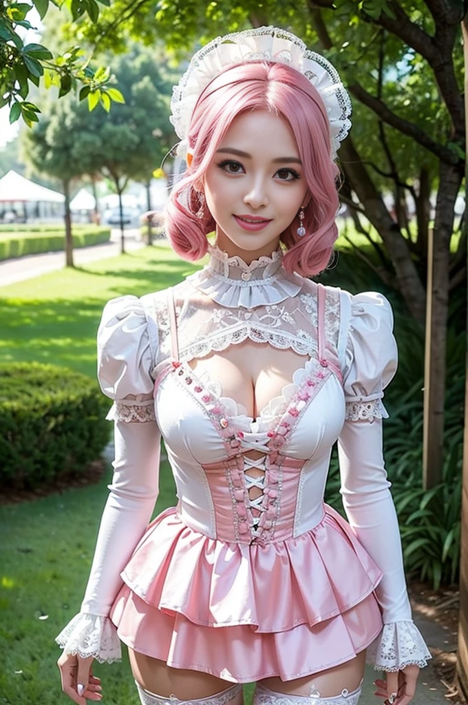 (nsfw), sexy stylish Swedish model, only 1 female, ((doll-like appearance)), short neon pink stylish hair, ((shiny Victorian-Style boots)), (big smile), ultra detailed eyes, vivid eye makeup, lip-gloss, long lashes, defined eyebrows, ((sexy Paradise Kiss cosplay)), bell-shaped skirt, petticoats, high neckline, puffed sleeves, ((ultra detailed lace)), ((ultra detailed embroidery)), intricate details, Paradise Kiss accessoires and matching headpiece, choker, ((large sparkling Paradise Kiss jewelry)), cinematic light, detailed large park background with trees