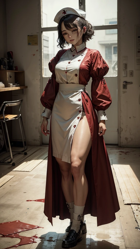((bloodstains)), ((respingos de bloodstains)), ((bloodstains nas roupas)), ((mancha de bloodstains)), hospital, (nurse uniform), (has an electric saw), (zombie's), absurderes, foto RAW, extremely delicate and beautiful, Masterpiece artwork, best qualityer, ultra-high resolution, 32k, hyper realist, ultra-detailed, Detailed Description, skin fair, 20 year, crying mole, 耳环, Colossal, short medium hair, wavyhair, evil smile, full body shot,