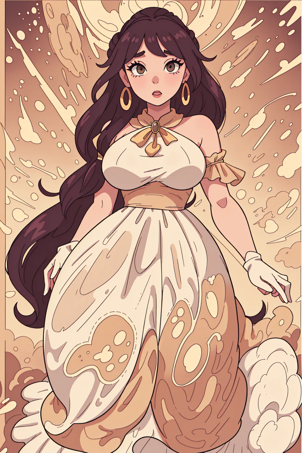 A beautiful woman with an incredible hourglass figure, very curvy, a giant frilly golden dress, very beautiful face, big beautiful lips, golden lipstick and mascara, serious expression, hair done up in a giant bun, standing in front of a bright white sky, older looking woman