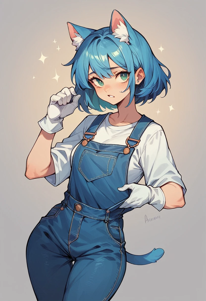 A blue cat that wears dark blue overalls and also has white gloves